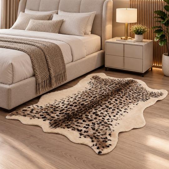 LA MAREY Kunstfell-Teppich in Tierfell-Optik mit Fleckenmuster und Schaumstoffunterseite, 130x180cm, Braun-Weiß
