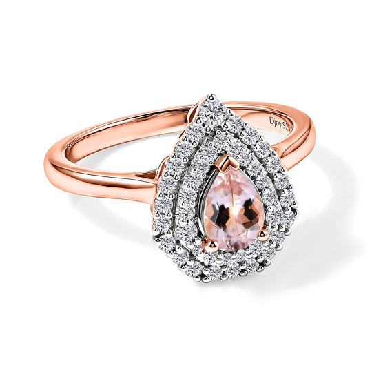 D'Joy AA Rosa Morganit, Moissanit AGI zertifiziert Ring 925 Silber 750 Roségold vermeil (Größe 19.00) ca. 1,33 ct