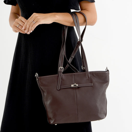 LA MAREY Echtleder-Shopper mit Reißverschlussfächern, 30 x 13 x 27 cm, Burgunderrot