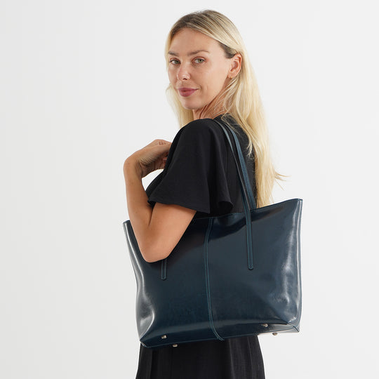 LA MAREY Echtleder-Shopper mit Kartenetui und Schlüsselfinder, 35,5 x 11 x 30 cm, Blau