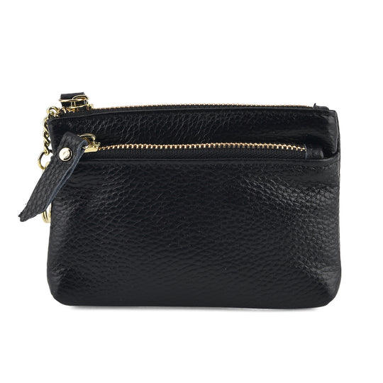 Genuine Leather wallet with keychan Color: black Size:13*9.5 cm Wall: Genuine Leather Lining: Polyester Exterior:zipped-2 Interior: slip-1
