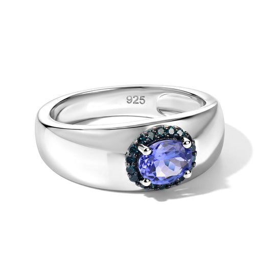 D'Joy AA Tansanit, Blauer Diamant Ring 925 Silber Ion Blau Beschichtung (Größe 18.00) ca. 0,77 ct