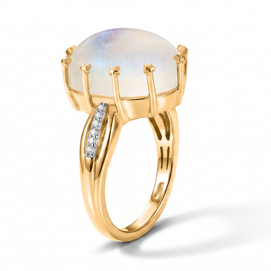 D'Joy Regenbogen Mondstein, Weißer Zirkon Ring 925 Silber 750 Gelbgold vermeil (Größe 21.00) ca. 9,29 ct