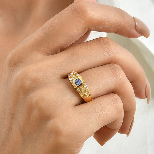 D'Joy Tansanit und Moissanit Ring, 925 Silber 750 Gelbgold Vermeil - 0,64 ct.