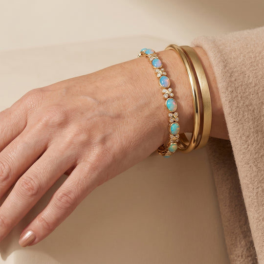 D'Joy AA Natürlicher, äthiopischer Welo Opal, Weißer Zirkon Armband ca. 19 cm 925 Silber 750 Gelbgold vermeil ca. 7,56 ct.