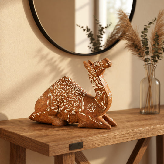 Bliss & Beyond Hand Painted Cone Work Camel Figurine Size- 25.5X7.62X20.32 Cm Color-White Washed