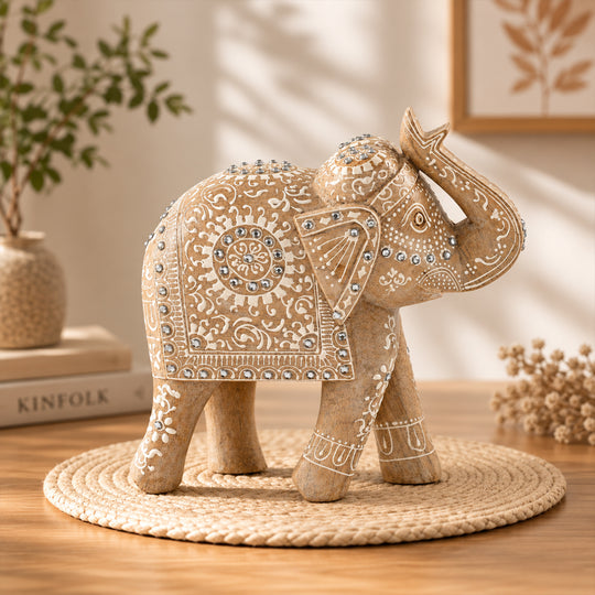 Bliss & Beyond Hand Painted Cone Work Elephant Figurine Size- 21.59X35.56x17.78 Cm Color-White Washed