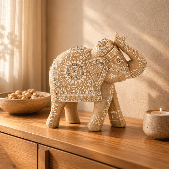 Bliss & Beyond Hand Painted Cone Work Elephant Figurine Size- 21.59X35.56x17.78 Cm Color-White Washed