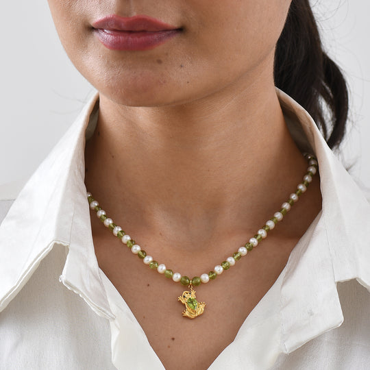 GP - Süßwasser Perle (5 mm), Peridot Halskette ca. 45 cm 925 Silber 750 Gelbgold vermeil