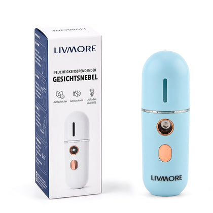 Livmore Facial spray color: Blue capacity:12ML, battery: 5V/180mAh Size 3.8*3.8*11cm Material : ABS Weight: 41g