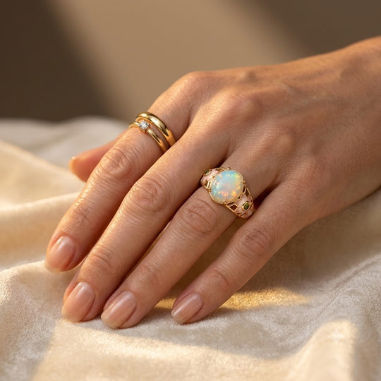 GP Italienischer Garten Kollektion - AA Natürlicher, äthiopischer Welo Opal, Natürlicher Chromdiopsid Ring Mit Pinker Emaille 925 Silber 750 Gelbgold vermeil (Größe 20.00) ca. 3.05 ct