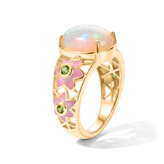 GP Italienischer Garten Kollektion - AA Natürlicher, äthiopischer Welo Opal, Natürlicher Chromdiopsid Ring Mit Pinker Emaille 925 Silber 750 Gelbgold vermeil (Größe 20.00) ca. 3.05 ct