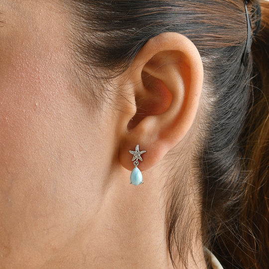 EVER TRUE AA Larimar, Weißer Zirkon Ohrringe Reine Bronze ca. 2.23 ct