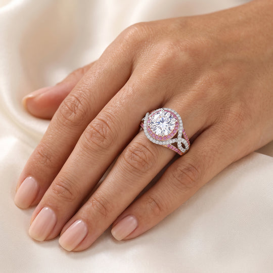 D'Joy Moissanit und rosa Saphir Ring, 925 Silber rhodiniert und 750 Roségold Vermeil - 3,66 ct.