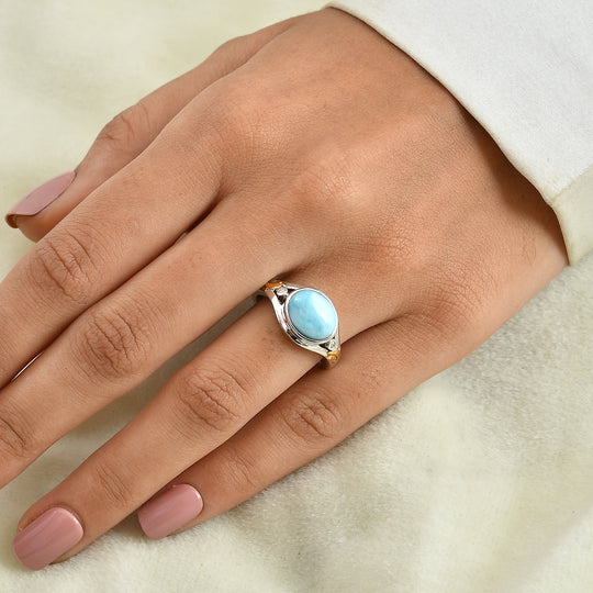 D'Joy AAA Larimar, Weißer Diamant Ring 925 Silber Rhodiniert und 750 Gelbgold Vermeil (Größe 19.00) ca. 3,36 ct
