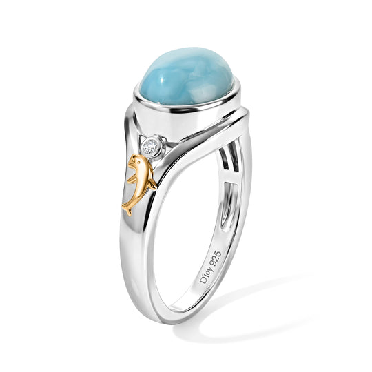 D'Joy AAA Larimar, Weißer Diamant Ring 925 Silber Rhodiniert und 750 Gelbgold Vermeil (Größe 19.00) ca. 3,36 ct