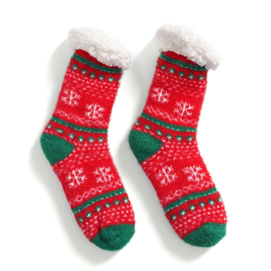 LIVMORE Sherpa-Kuschelsocken mit Rentier- und Schneeflockenmuster, 1 Paar, Rot
