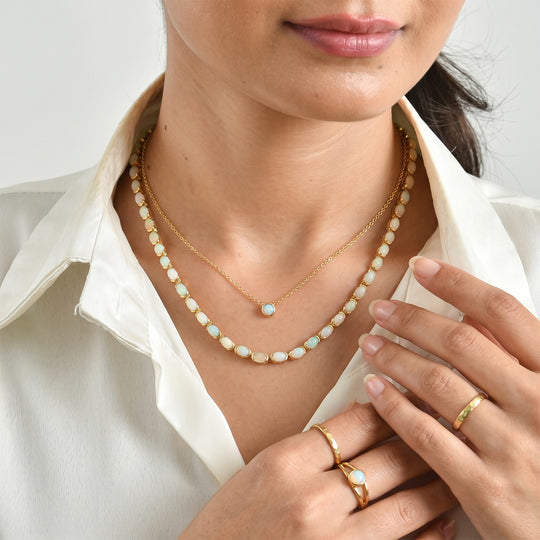D'Joy AA natürliche, äthiopische Welo Opal 45cm Halskette, 925 Silber 750 Gelbgold Vermeil - 19,40 ct.