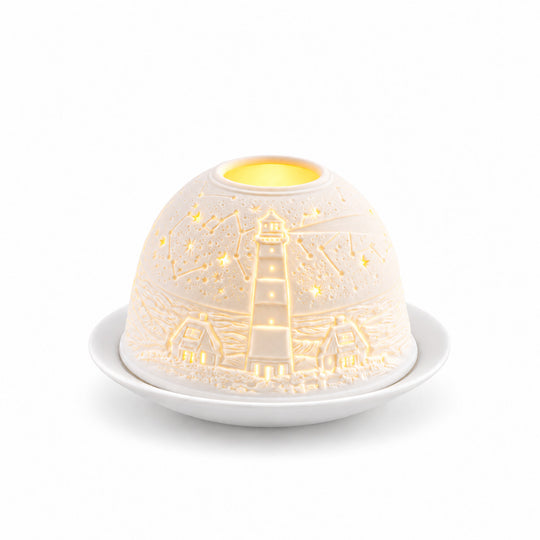 LED-Teelichthalter aus unglasiertem Porzellan mit Leuchtturmmotiv und Fernbedienung, 10,5 x 7,5 cm, Weiß