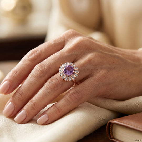 D'Joy Rose de France Amethyst und Zirkon floraler Halo Ring, 925 Silber 750 Roségold Vermeil - 3,98 ct.