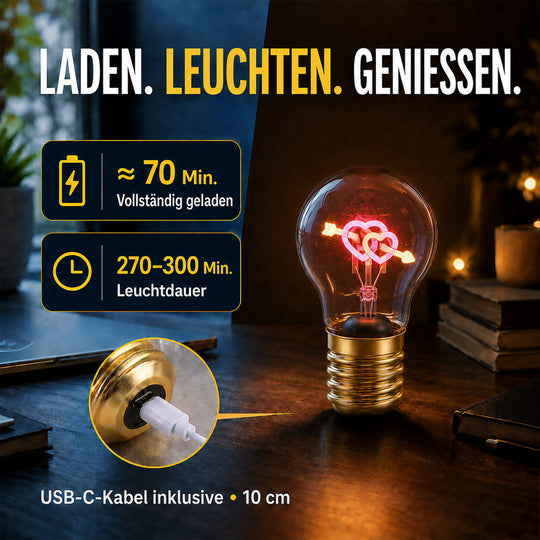 LIVMORE Dekorative Wiederaufladbare LED-Glaslampe mit Doppelherz-Motiv & USB-C (ca. 6,5 x 12 cm)