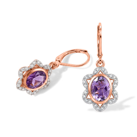 EverTrue Rose De France Amethyst und Zirkon florale Halo Ohrringe, 950 Kupfer rosévergoldet - 3,92 ct.