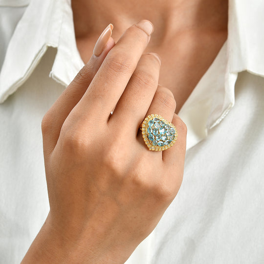 EverTrue AA Batroke blauer Apatit und Zirkon Ring, Bronze mit Gelbgold E-Beschichtung - 3,86 ct.
