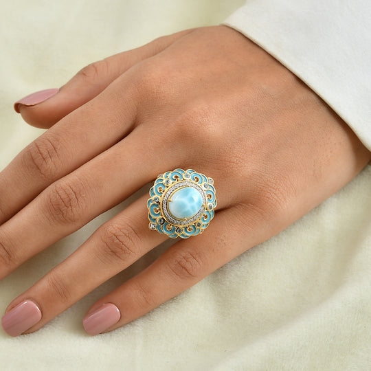 D'Joy AAA Larimar, Schweizer Blautopas Ring 925 Silber 750 Gelbgold vermeil (Größe 20.00) ca. 5,17 ct