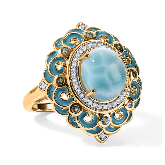 D'Joy AAA Larimar, Schweizer Blautopas Ring 925 Silber 750 Gelbgold vermeil (Größe 18.00) ca. 5,17 ct