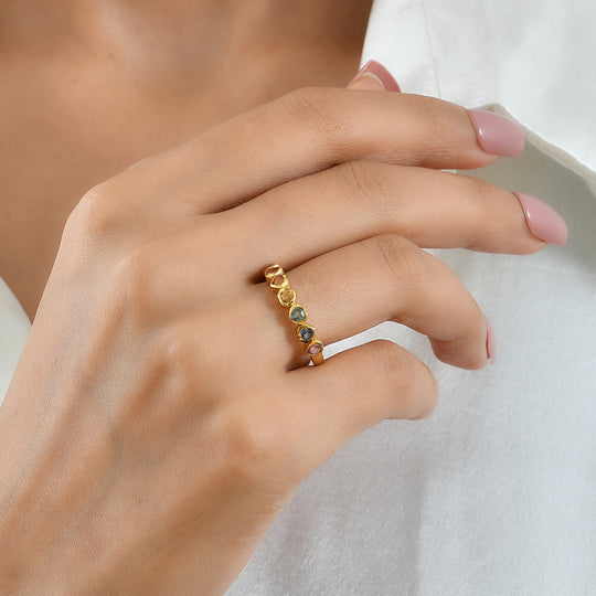 D'Joy AA mehrfarbige Saphir Half Eternity Ring, 925 Silber 750 Gelbgold Vermeil - 0,92 ct.