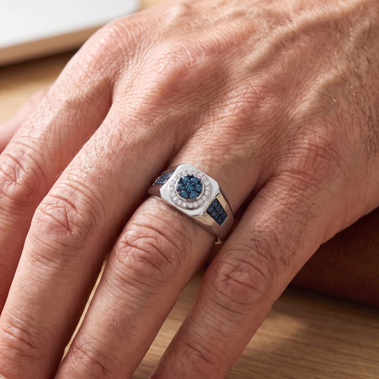 D'Joy blauer und weißer Diamant Halo Herrenring, 925 Silber rhodiniert - 0,50 ct.