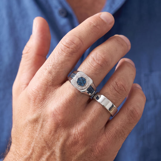 D'Joy blauer und weißer Diamant Halo Herrenring, 925 Silber rhodiniert - 0,50 ct.