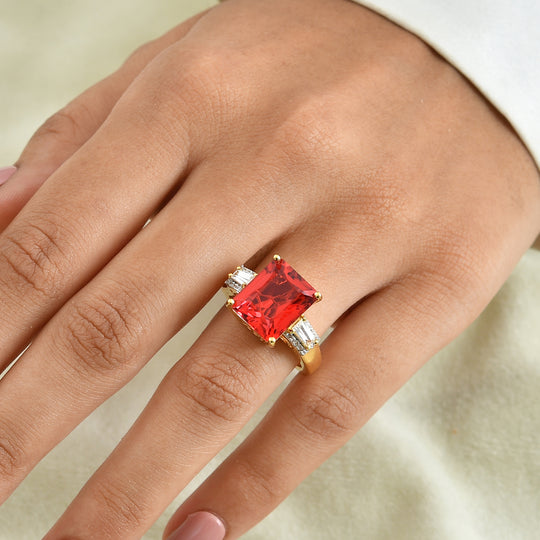 D'Joy Rubin Feuer Triplett Quarz und Zirkon Ring, 925 Silber 750 Gelbgold Vermeil - 7,12 ct.
