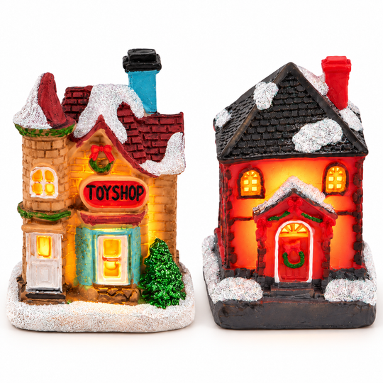 LED-Lichterhäuser aus Kunstharz, 2-teilig, Wohnhaus und Kirche, 8cm und 9cm, mehrfarbig