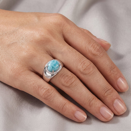 D'Joy AAA Larimar, Weißer Zirkon Ring 925 Silber Platiniert (Größe 18.00) ca. 2,60 ct