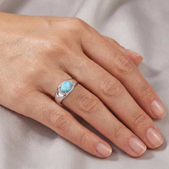 D'Joy AAA Larimar, Weißer Zirkon Ring 925 Silber Platiniert (Größe 21.00) ca. 2,60 ct