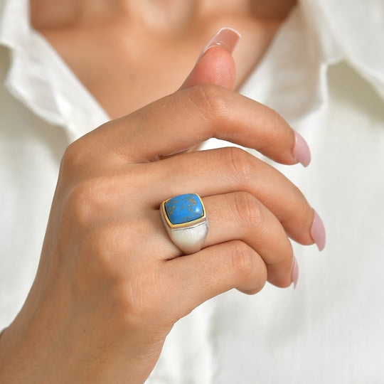 EverTrue blauer Türkis Ring, Bronze mit Platin E-Beschichtung - 7 ct.