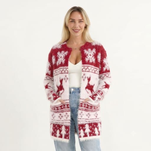 LA MAREY Damen-Strickjacke mit Schneeflockenmuster und 2 Taschen, 78 cm lang, weiß und Rot