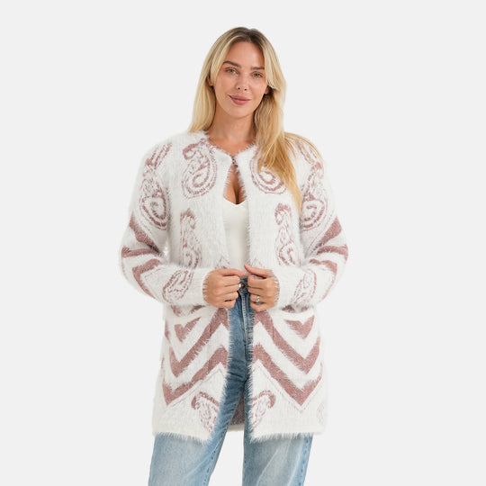 LA MAREY Damen-Cardigan mit Wintermuster und 2 Taschen, Einheitsgröße EU 36-42, Grau