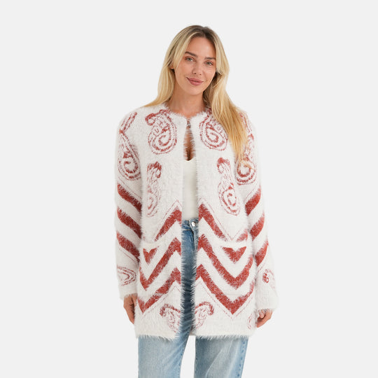 LA MAREY Damen-Cardigan mit Wintermuster und 2 Taschen, Einheitsgröße EU 36-42, Grau