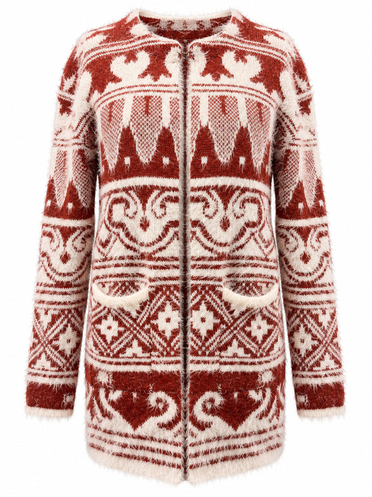 LA MAREY Damen-Cardigan mit Wintermuster und 2 Taschen, 78 cm Länge, Weiß-Rot