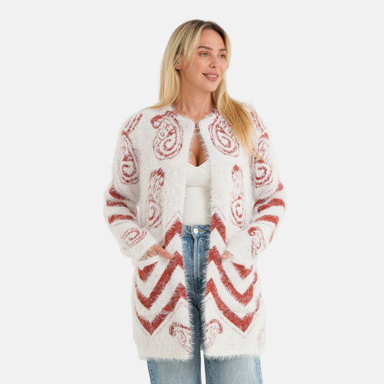LA MAREY Damen-Cardigan mit Ornament- und Zickzackmuster und 2 Taschen, Einheitsgröße EU 36-42, Weiß-Blau