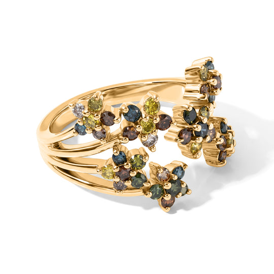 D'Joy mehrfarbiger Diamant floraler Ring, 925 Silber 750 Gelbgold Vermeil - 1 ct.
