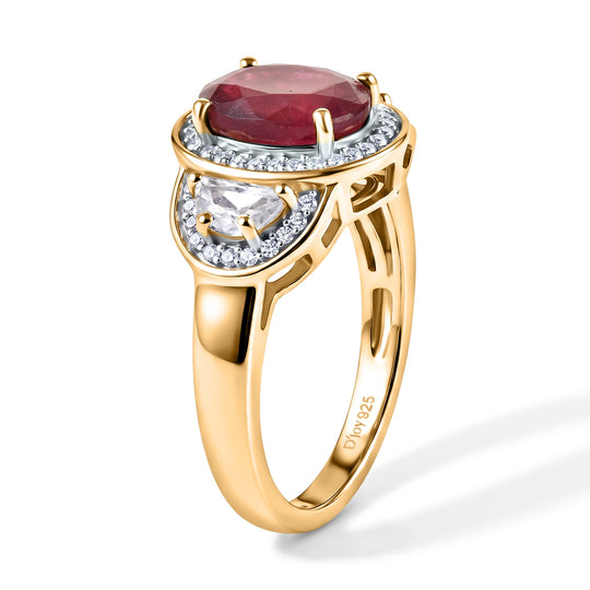 D'Joy AA afrikanischer Rubin (Fissure gefüllt) und Zirkon Ring, 925 Silber 750 Gelbgold Vermeil - 3,82 ct.