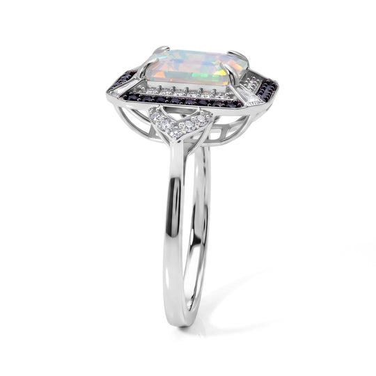 D'Joy AA natürlicher, äthiopischer Welo Opal, Moissanit und Ceylon Saphir Halo Ring, 925 Silber rhodiniert - 3,39 ct.
