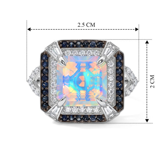 D'Joy AA natürlicher, äthiopischer Welo Opal, Moissanit und Ceylon Saphir Halo Ring, 925 Silber rhodiniert - 3,39 ct.