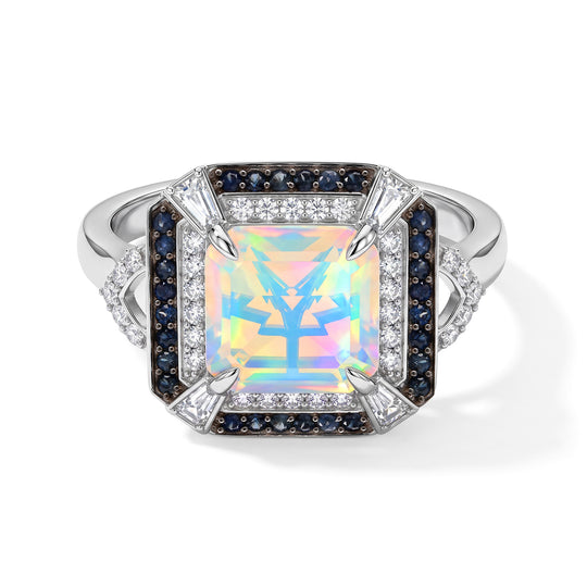 D'Joy AA natürlicher, äthiopischer Welo Opal, Moissanit und Ceylon Saphir Halo Ring, 925 Silber rhodiniert - 3,39 ct.