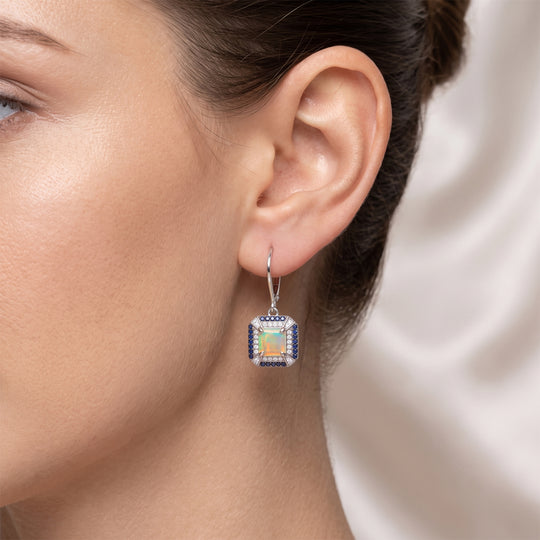 D'Joy AA natürliche, äthiopische Welo Opal, Moissanit und Ceylon Saphir Halo Ohrringe, 925 Silber rhodiniert - 4,08 ct.