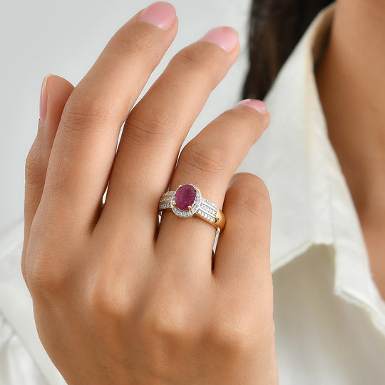 LUXURIANT AA afrikanischer Rubin (Fissure gefüllt) und Labor Diamant Ring, 925 Silber 750 Gelbgold Vermeil - 2,16 ct.