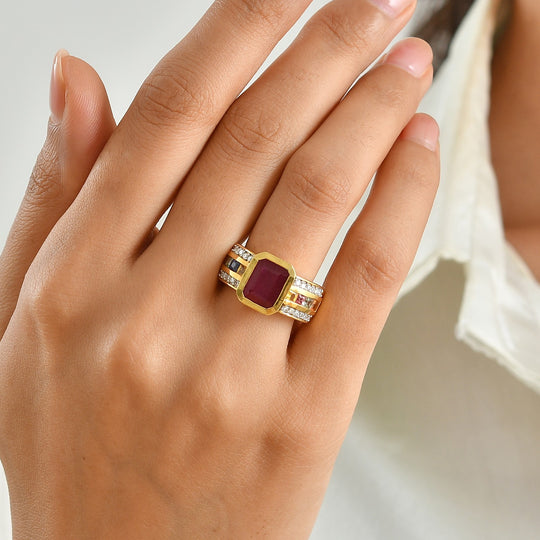 D'Joy AAA afrikanischer Rubin (Fissure gefüllt), mehrfarbiger Saphir und Moissanit Ring, 925 Silber 750 Gelbgold Vermeil - 6,40 ct.
